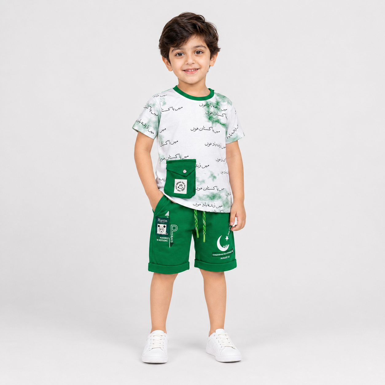 Boys Pakistan 14 August Jersey Short Suit – Green Independence Day Outfit for Kids 1-4 Years