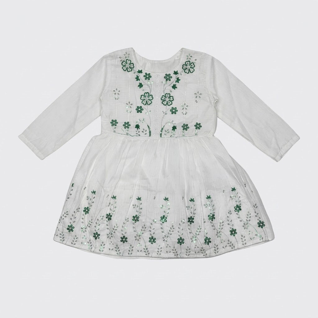 KIDS 2-PIECE WHITE & GREEN EMBROIDERED FROCK SUIT (14 AUGUST SPECIAL)