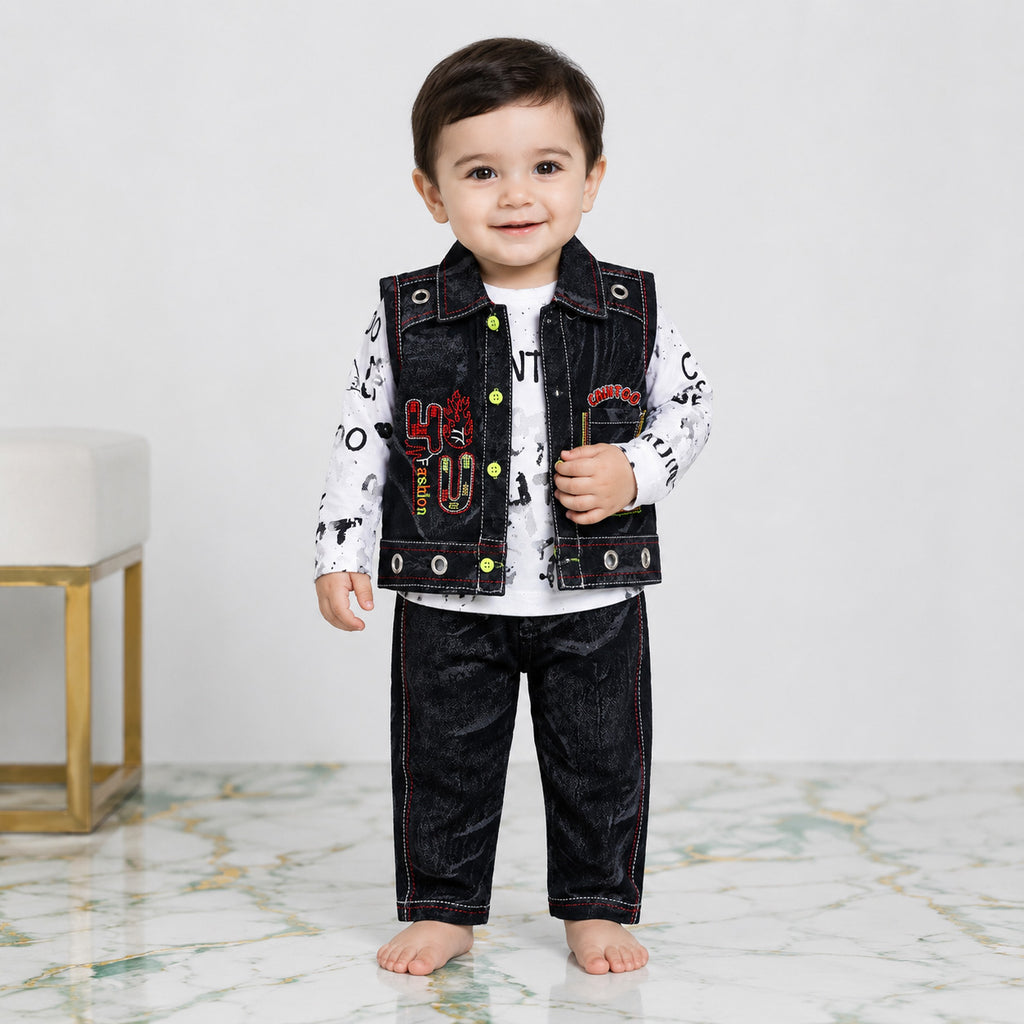 Boys 3 Piece Cotton Suit 6 Months-4 Years – Denim Style Jacket Trouser with Fine Interlock Inner