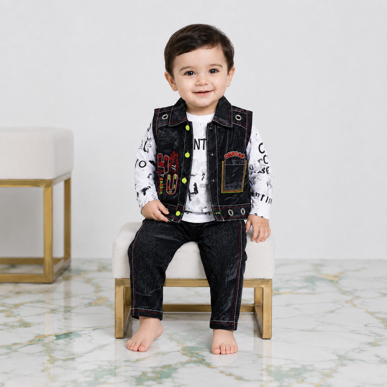 Boys 3 Piece Cotton Suit 6 Months-4 Years – Denim Style Jacket Trouser with Fine Interlock Inner