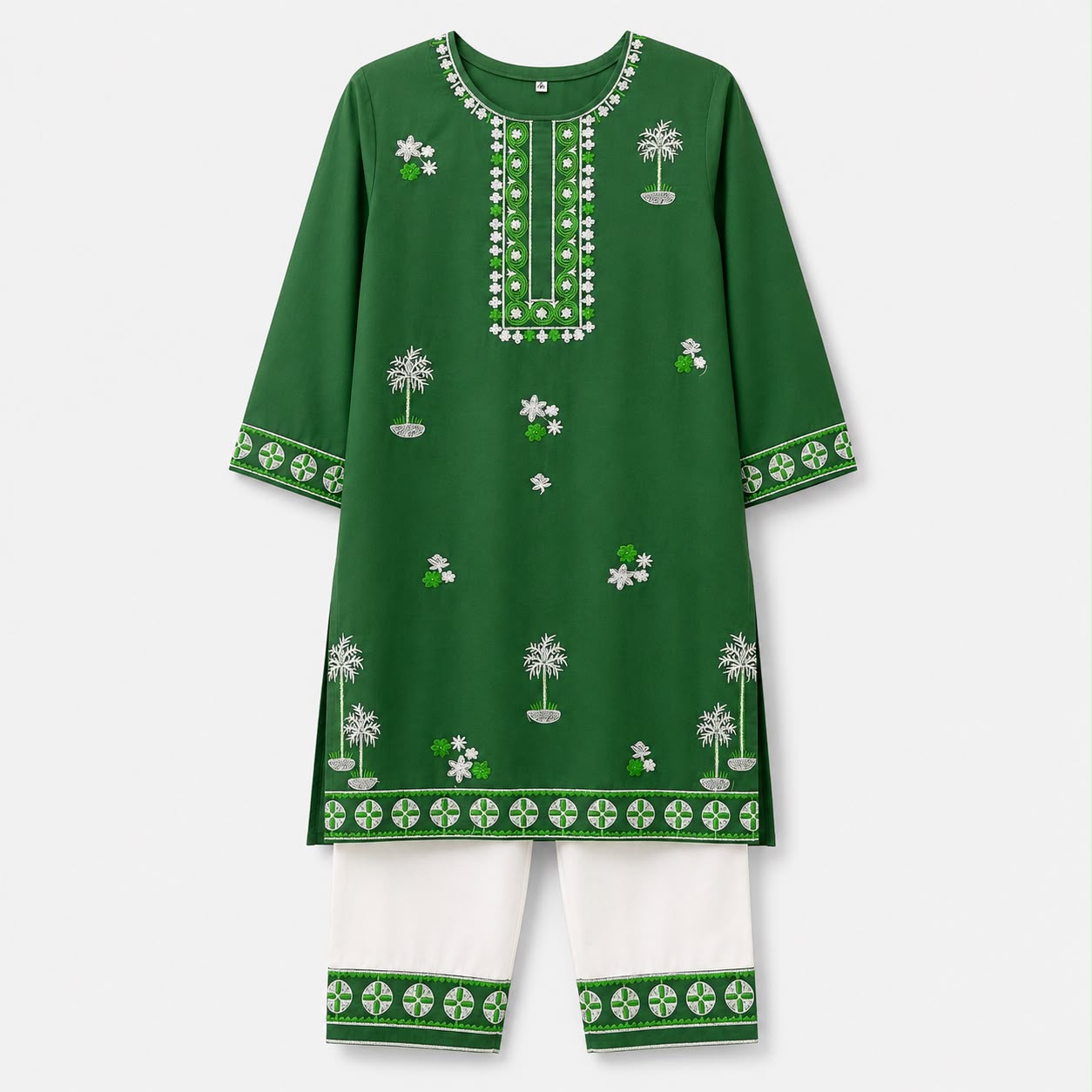 Girls Cotton Embroidered 2 Piece Eastern Suit – Green & White
