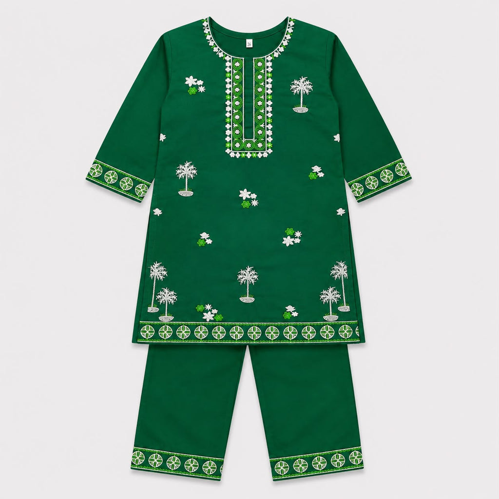 Girls Green Cotton 2 Piece Suit with Embroidery – Kids Eastern Kurti Trouser Set
