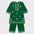 Girls Green Cotton 2 Piece Suit with Embroidery – Kids Eastern Kurti Trouser Set
