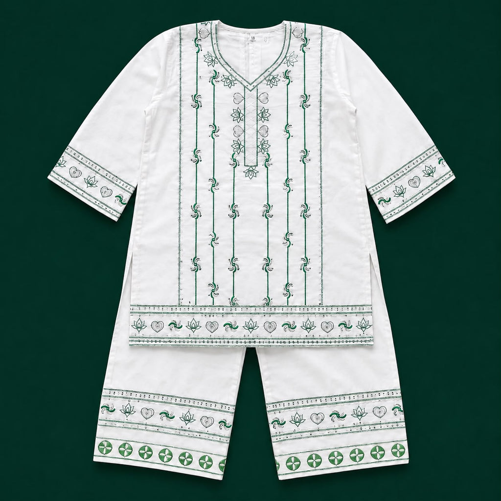 Girls Cotton 2 Piece Suit – White Kurti With Trouser – Green Printed Eastern Wear
