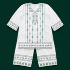 Girls Cotton 2 Piece Suit – White Kurti With Trouser – Green Printed Eastern Wear