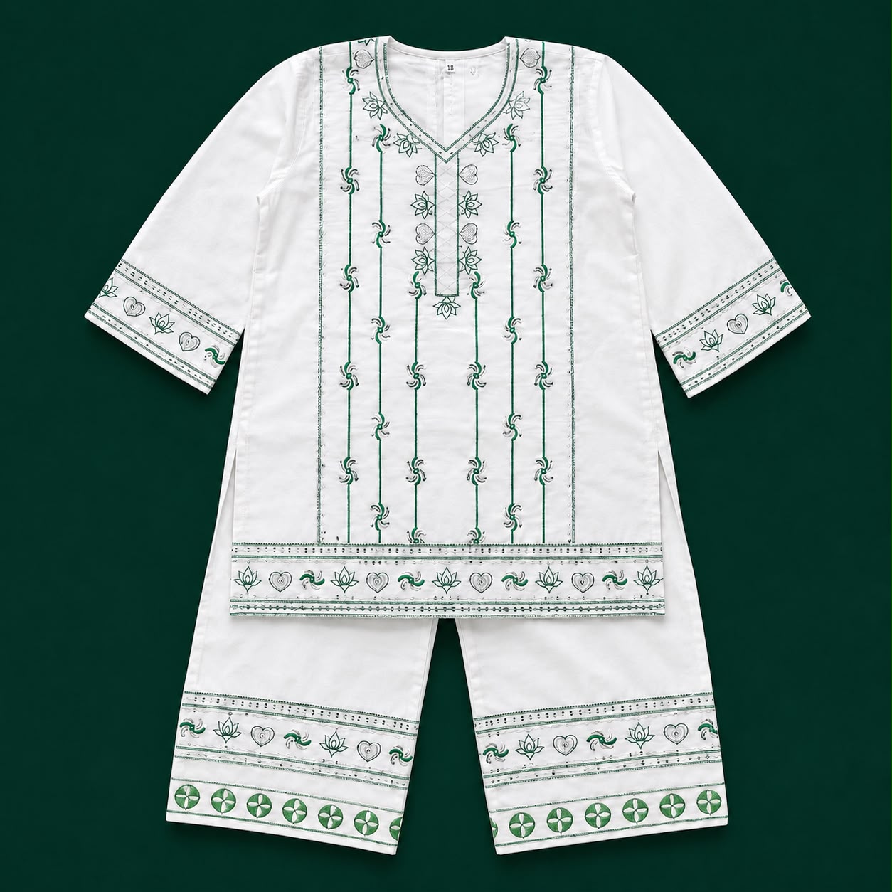 Girls Cotton 2 Piece Suit – White Kurti With Trouser – Green Printed Eastern Wear