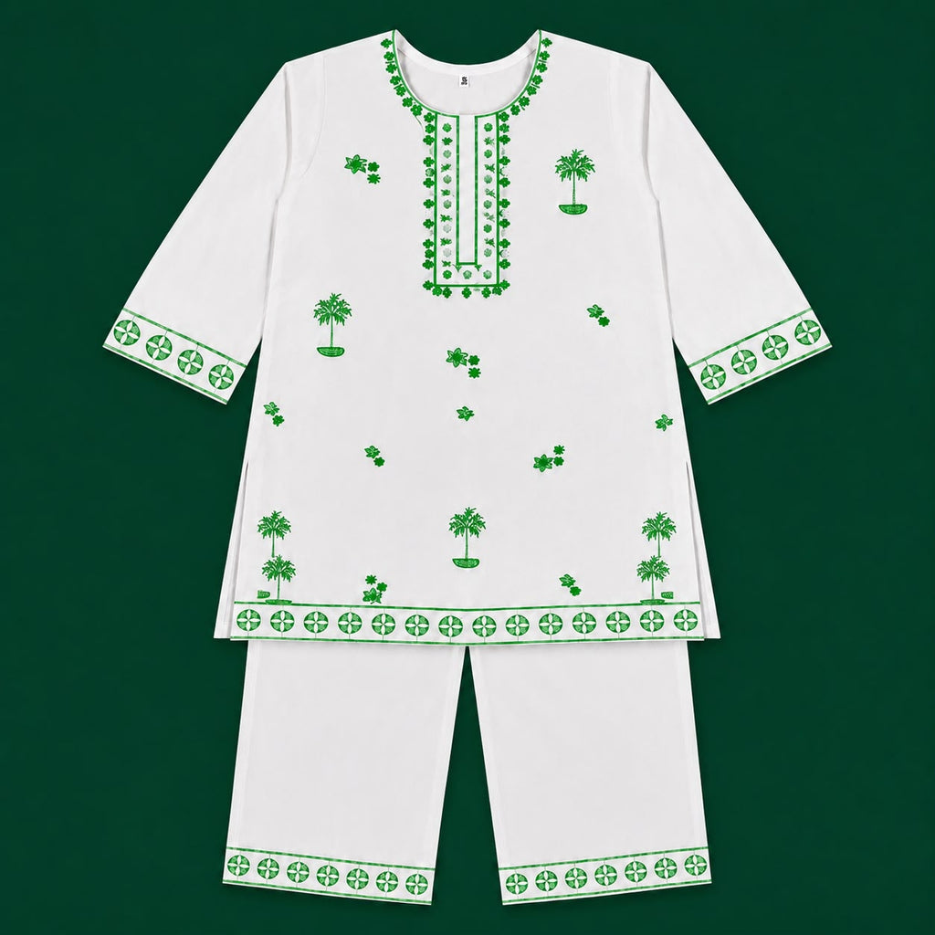 Girls Cotton 2 Piece Suit White & Green Printed Kurti Trouser – Kids Eastern Wear