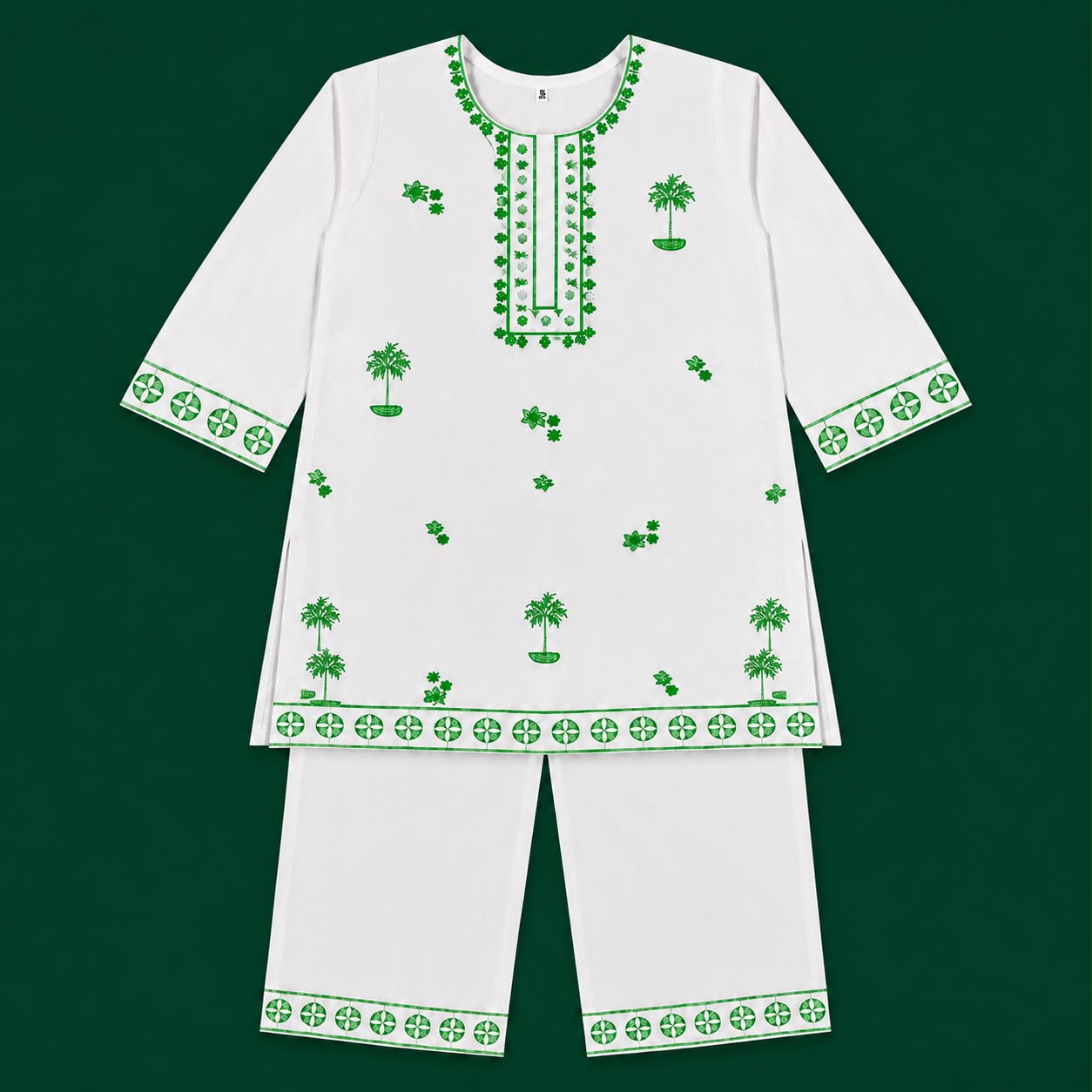 Girls Cotton 2 Piece Suit White & Green Printed Kurti Trouser – Kids Eastern Wear