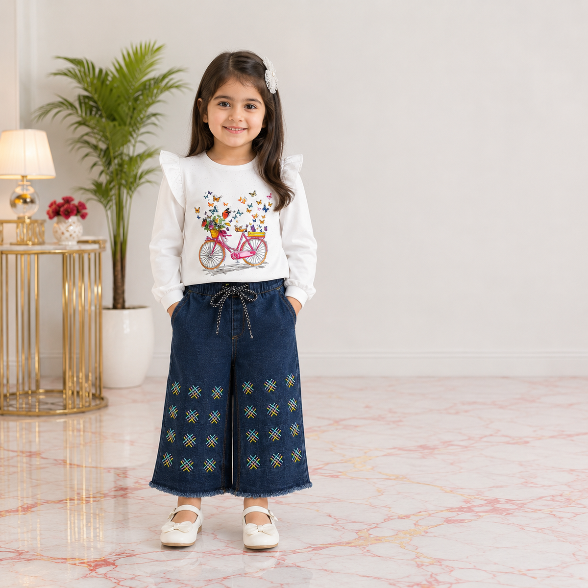Girls Premium Jersey & Jeans 2 Piece Set – Butterfly Bicycle Printed Top & Wide Leg Denim Outfit |