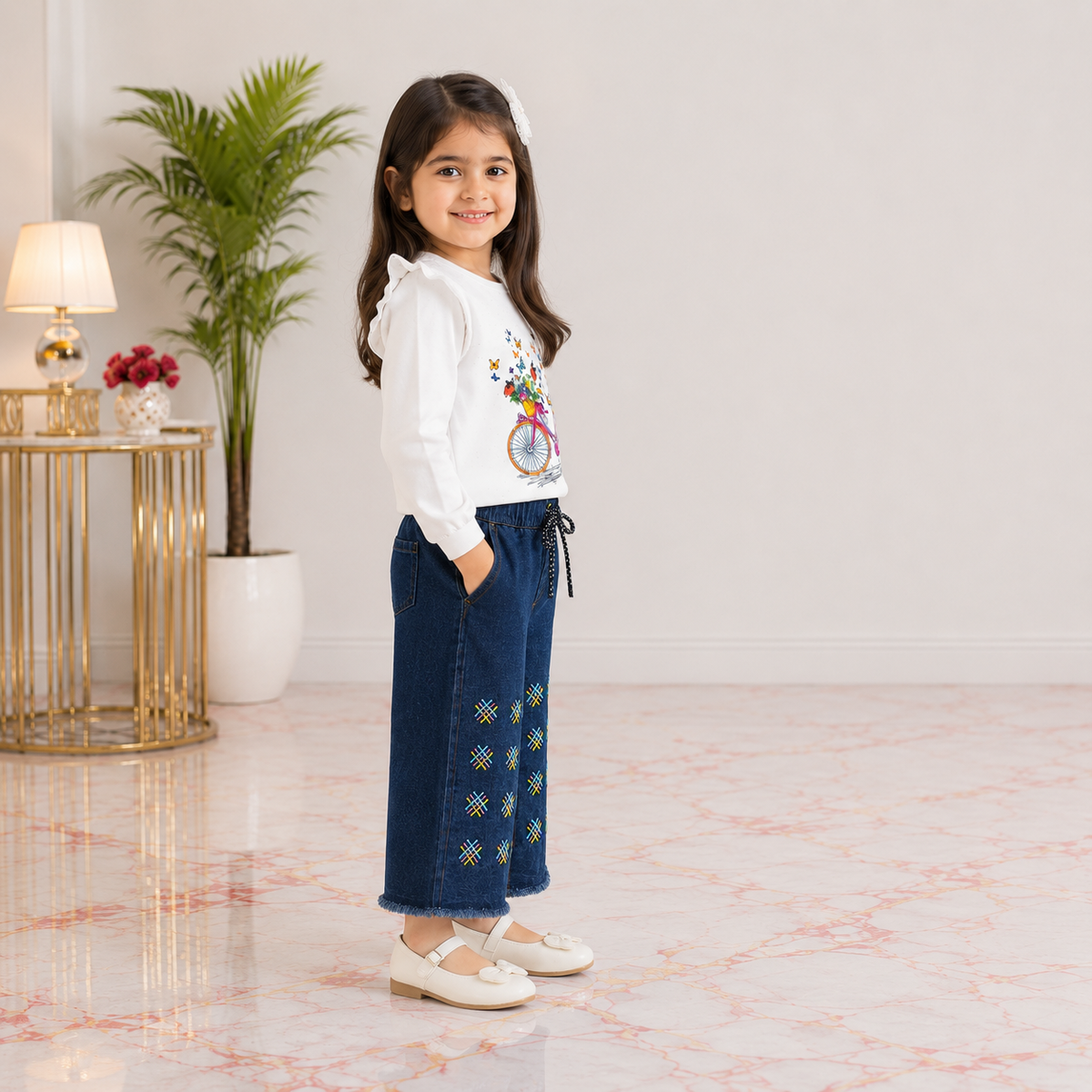 Girls Premium Jersey & Jeans 2 Piece Set – Butterfly Bicycle Printed Top & Wide Leg Denim Outfit |