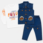 Boys Denim 3-Piece Suit with Sleeveless Jacket, Printed T-Shirt & Trouser