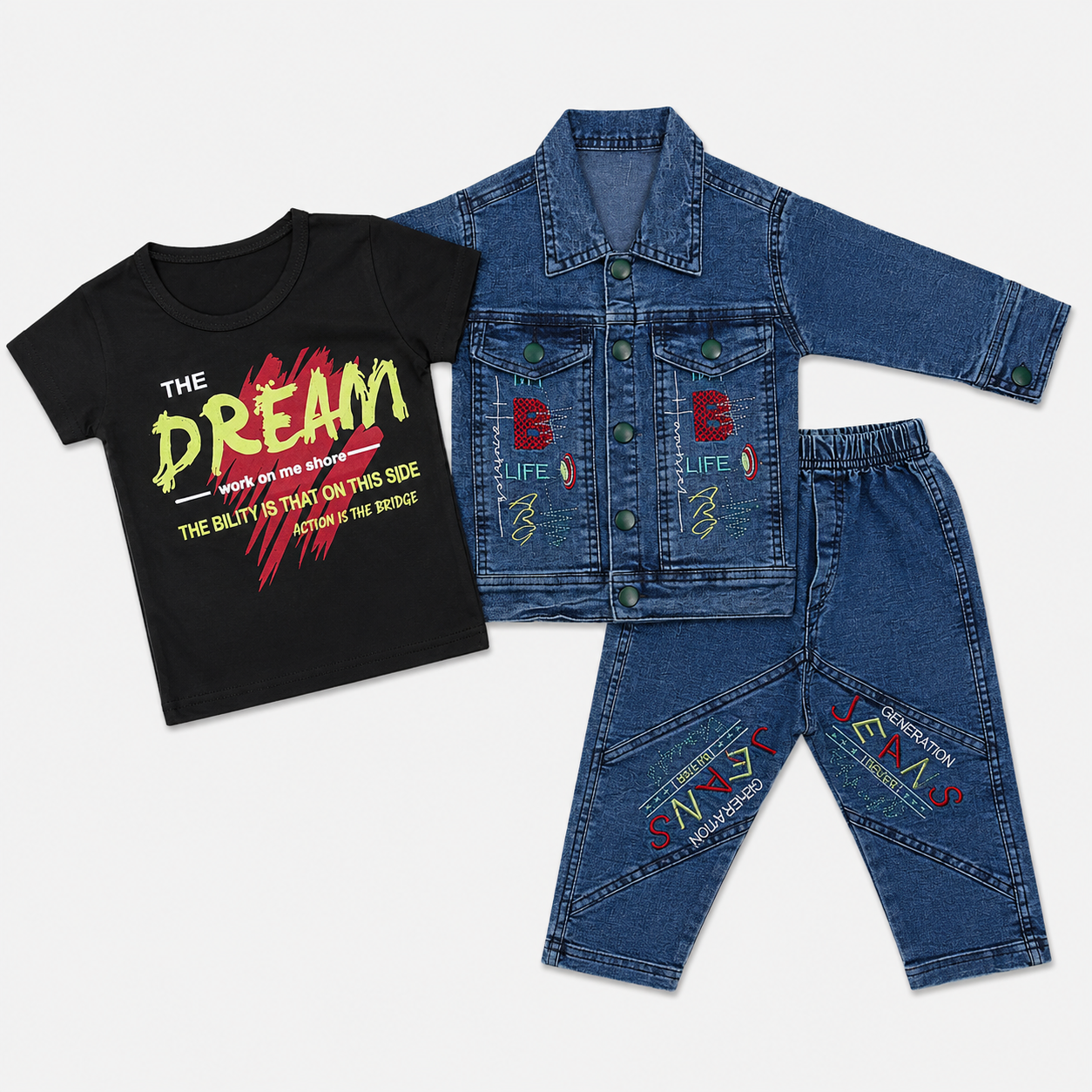 Boys Denim 3-Piece Suit – Printed T-Shirt, Denim Jacket & Trouser Set