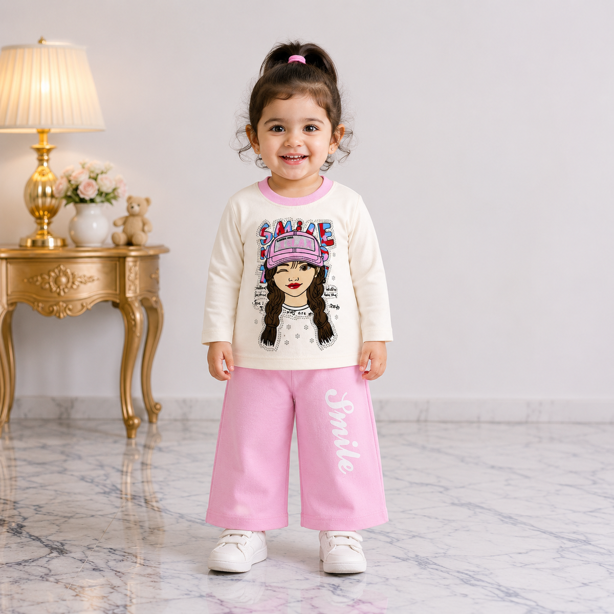 Baby Girls Printed Jersey 2-Piece Set | Smile Graphic Printed