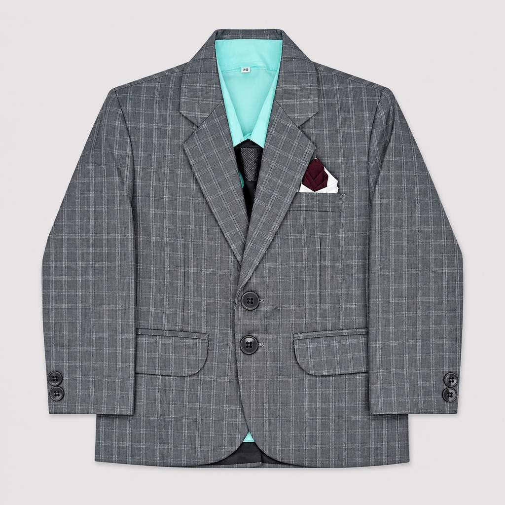 Boys 5-Piece Checkered Tuxedo Suit – Blazer, Waistcoat, Shirt, Trouser & Tie
