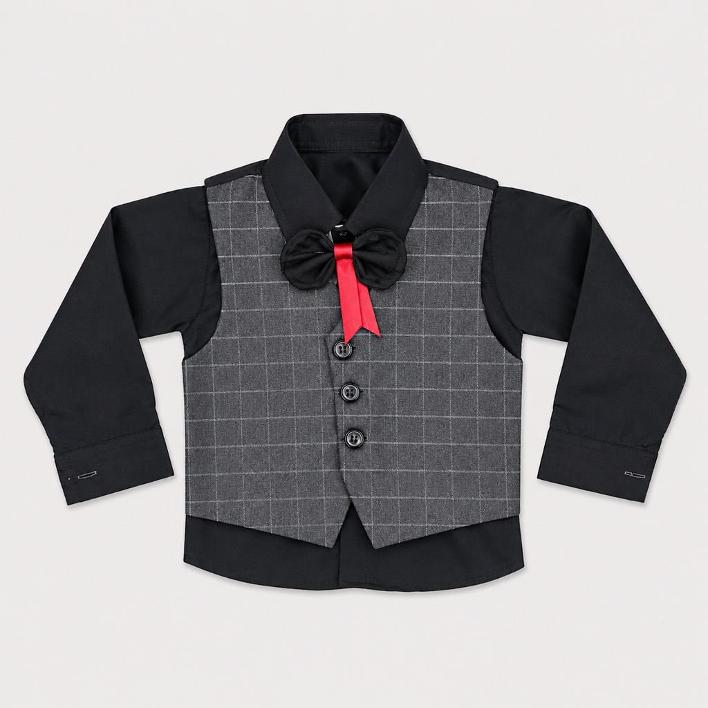 Boys 5-Piece Checkered Formal Suit – Blazer, Waistcoat, Shirt, Trouser & Bow Tie | 18–30 Months