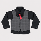 Boys 5-Piece Checkered Formal Suit – Blazer, Waistcoat, Shirt, Trouser & Bow Tie | 18–30 Months