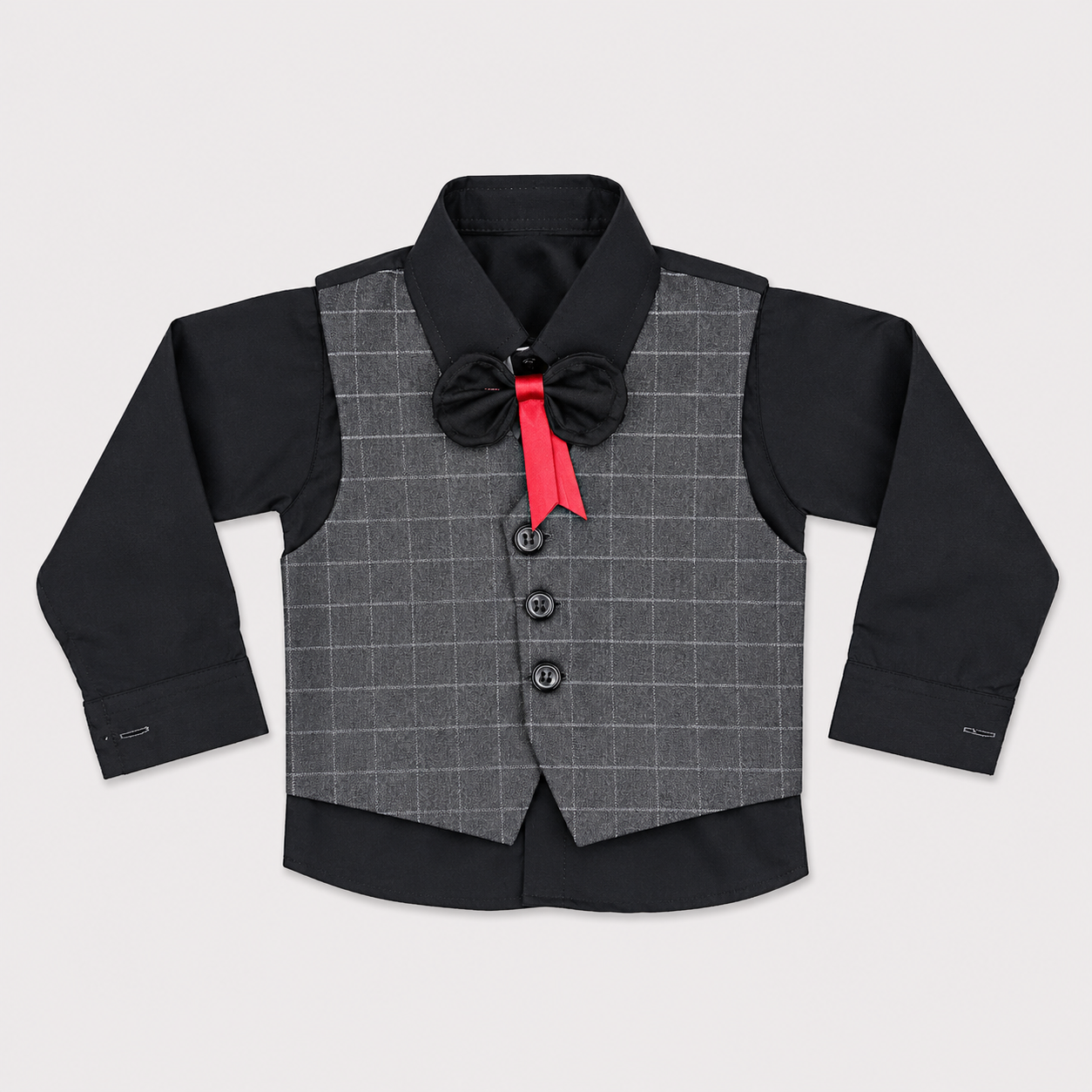Boys 5-Piece Checkered Formal Suit – Blazer, Waistcoat, Shirt, Trouser & Bow Tie | 18–30 Months
