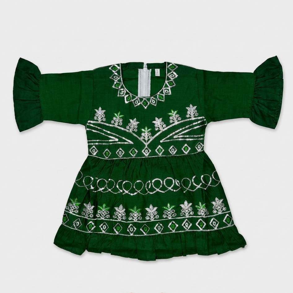 Baby Girl All-Green Embroidered Azadi Suit with Matching Bag (1-4 Years)