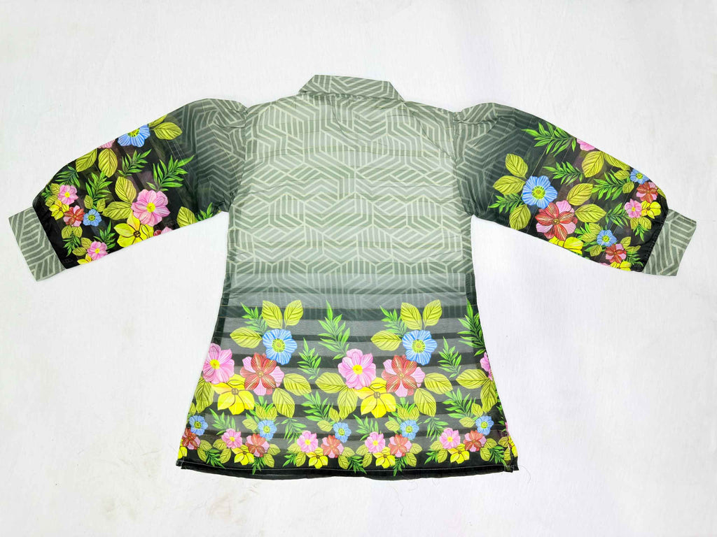 Girls Printed Chiffon 3 Piece Suit – Olive Green Floral Kids Dress | Lamtar Kids