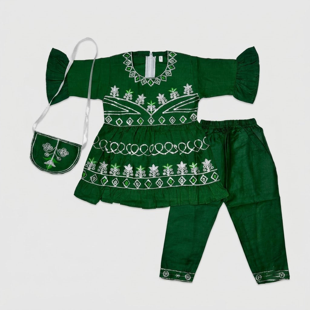 Baby Girl All-Green Embroidered Azadi Suit with Matching Bag (1-4 Years)
