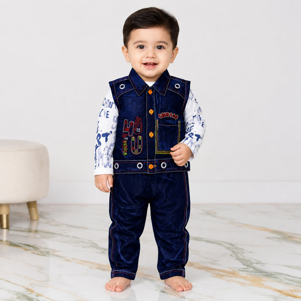 Boys 3 Piece Cotton Suit 6 Months-4 Years – Denim Style Jacket Trouser with Fine Interlock Inner