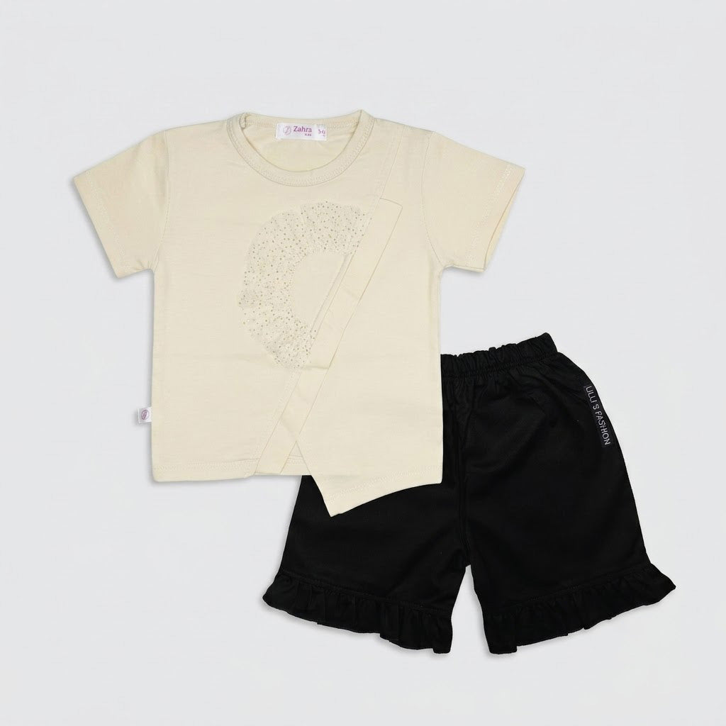 BABY GIRL 2-PIECE FINE JERSEY OUTFIT (EMBELLISHED TOP & RUFFLE SHORTS) 1-2 YEARS - AVAILABLE IN 2 COLORS