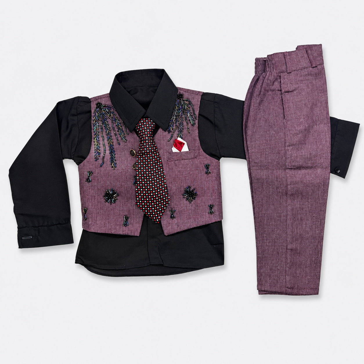 Boys 4 Piece Formal Suit – Mauve Waistcoat & Trouser with Black Shirt