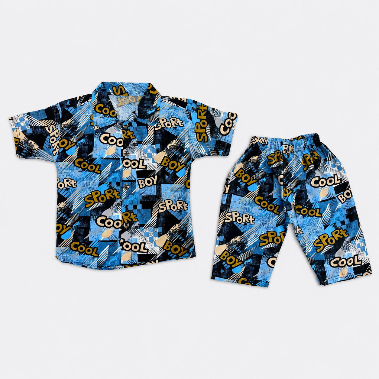 Blue Graphic Printed Linen Boys Co-Ord Set 1 To 4 Years | Lamtar Kids