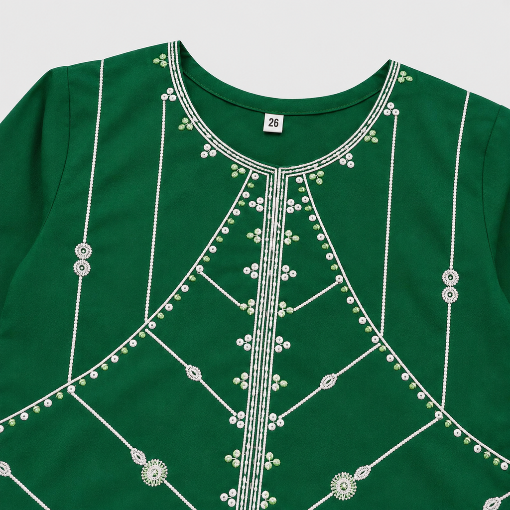 Girls Cotton Embroidered 2 Piece Suit – Green Kurti With Trouser – Kids Eastern Wear