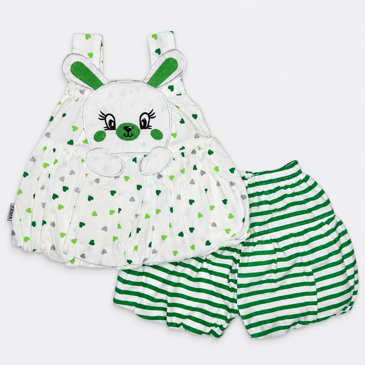 Baby Girls White Bunny Top & Green Striped Shorts Set