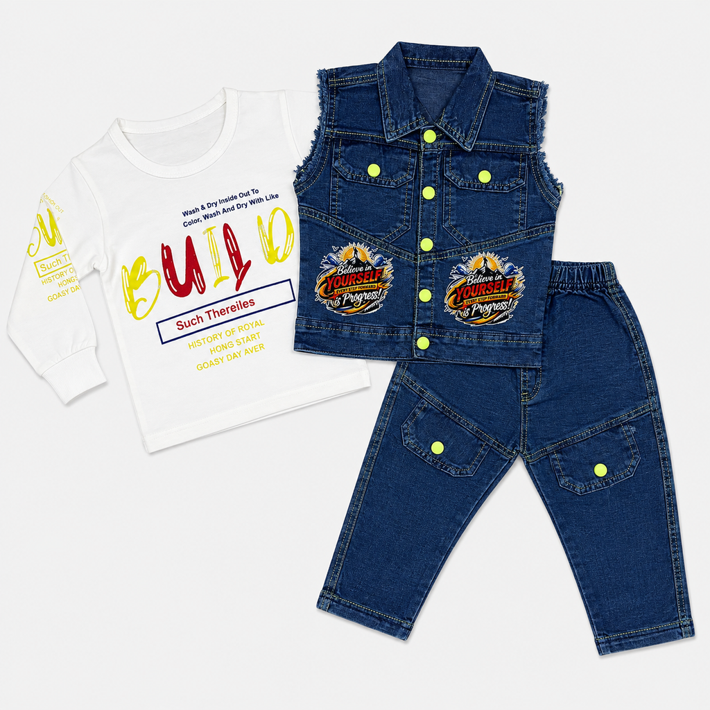 Boys Denim 3-Piece Suit with Sleeveless Jacket, Printed T-Shirt & Trouser