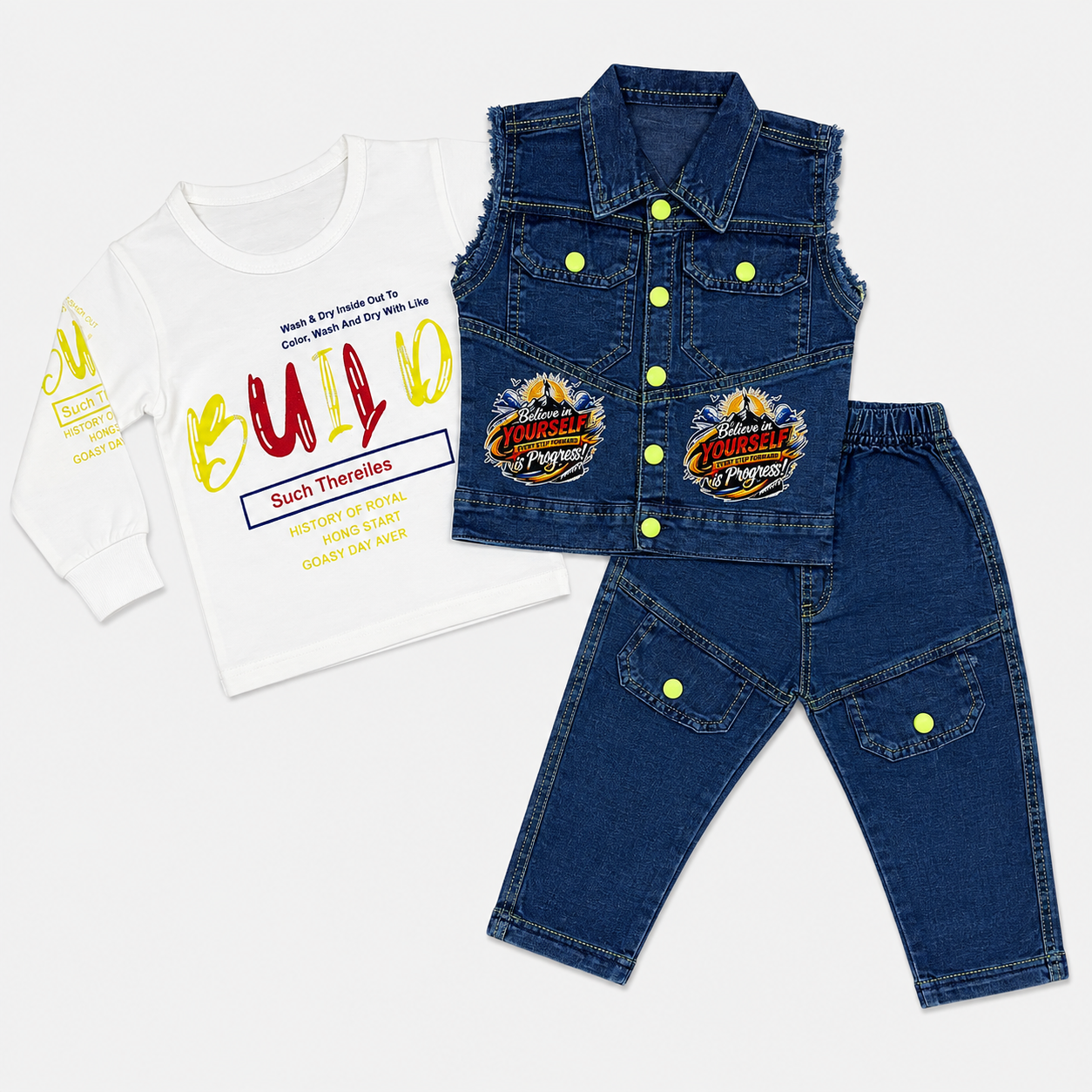 Boys Denim 3-Piece Suit with Sleeveless Jacket, Printed T-Shirt & Trouser