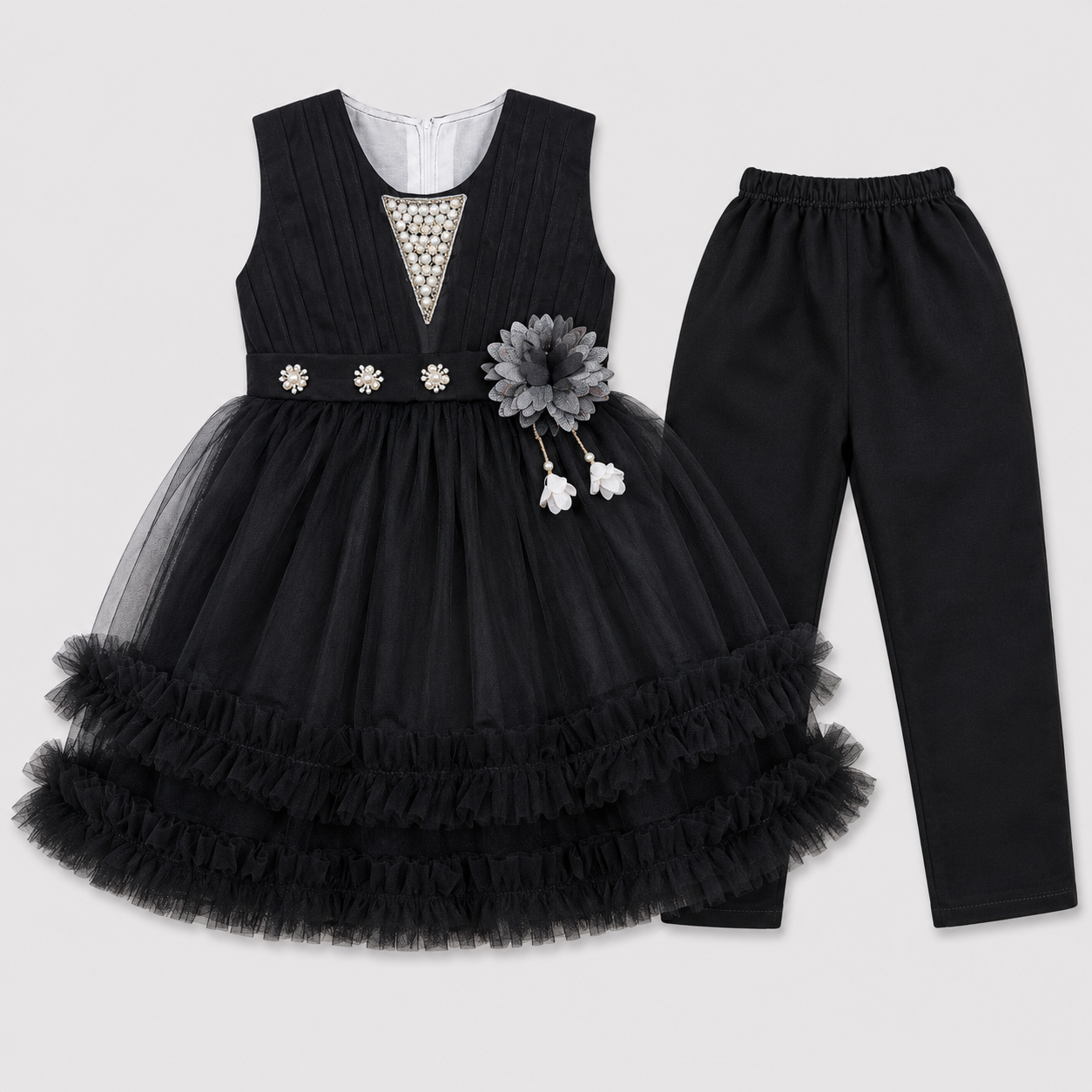 Girls Fancy Party Wear Frock with Tulle Skirt & Trouser
