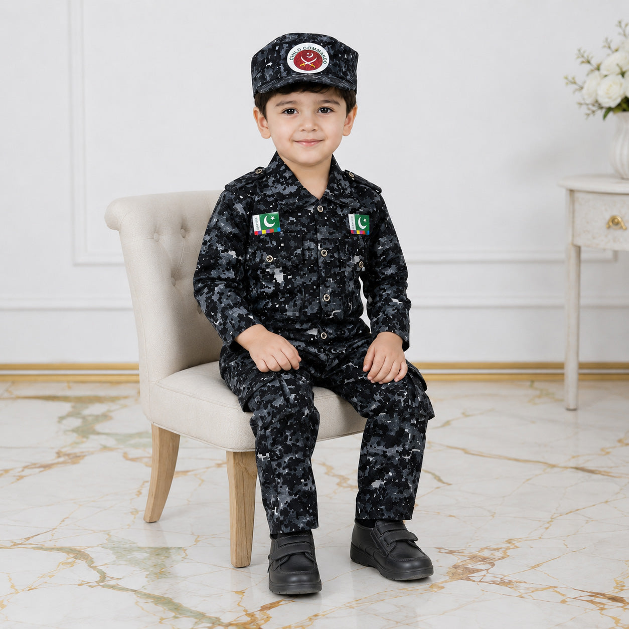 Boys Cotton Commando Suit 1-4 Years – Army Camouflage Shirt, Trouser & Cap Set