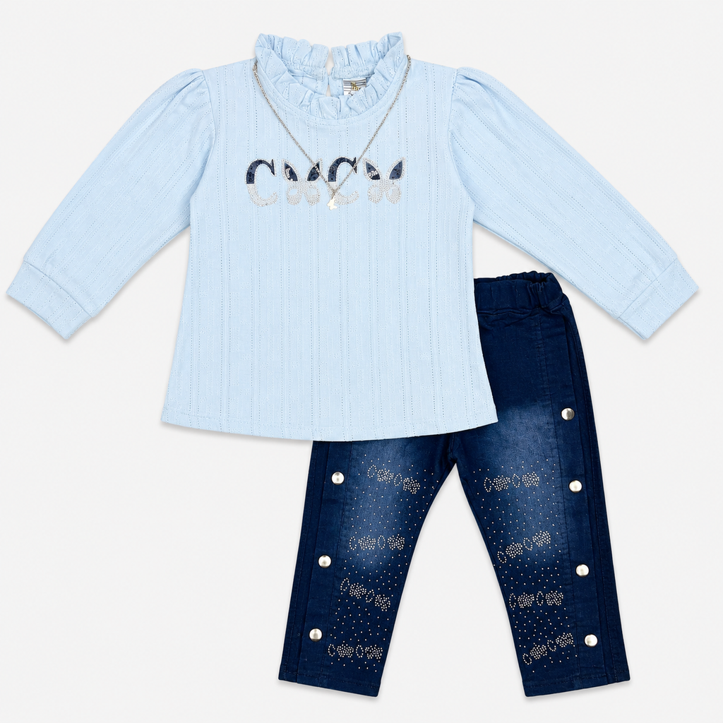 Girls Imported China Jersey Top with Rhinestone Denim Jeans – 2 Piece Outfit