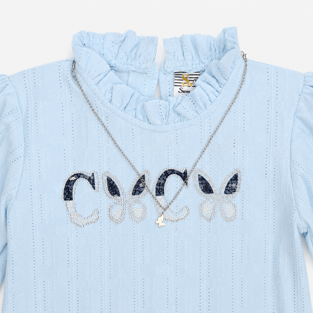 Girls Imported China Jersey Top with Rhinestone Denim Jeans – 2 Piece Outfit