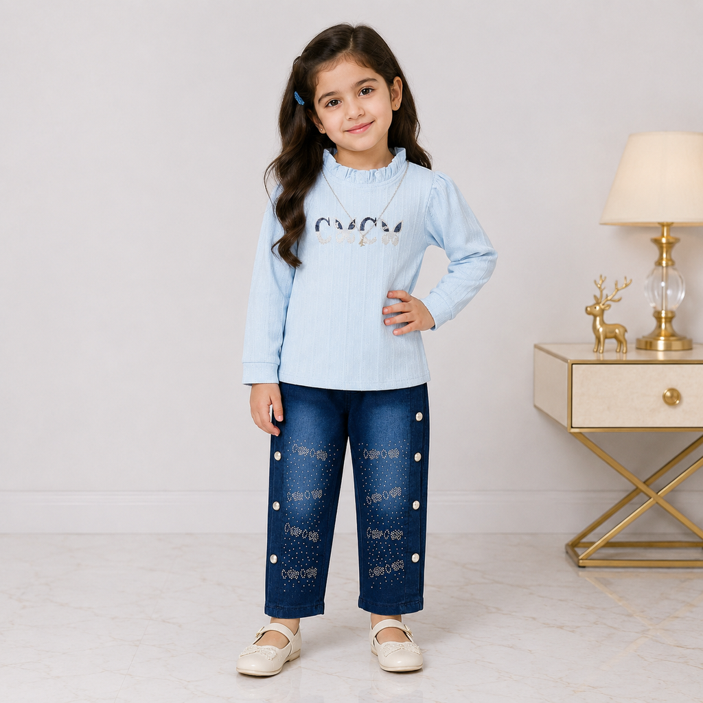 Girls Imported China Jersey Top with Rhinestone Denim Jeans – 2 Piece Outfit