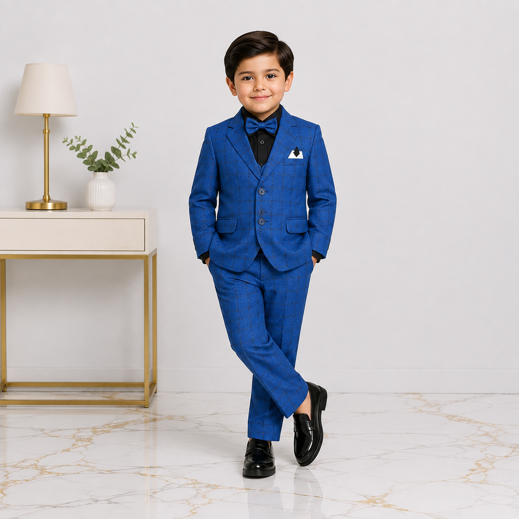 Boys 5 Piece Blue Tuxedo Suit – Check Formal Party Wear | 3–9 Years