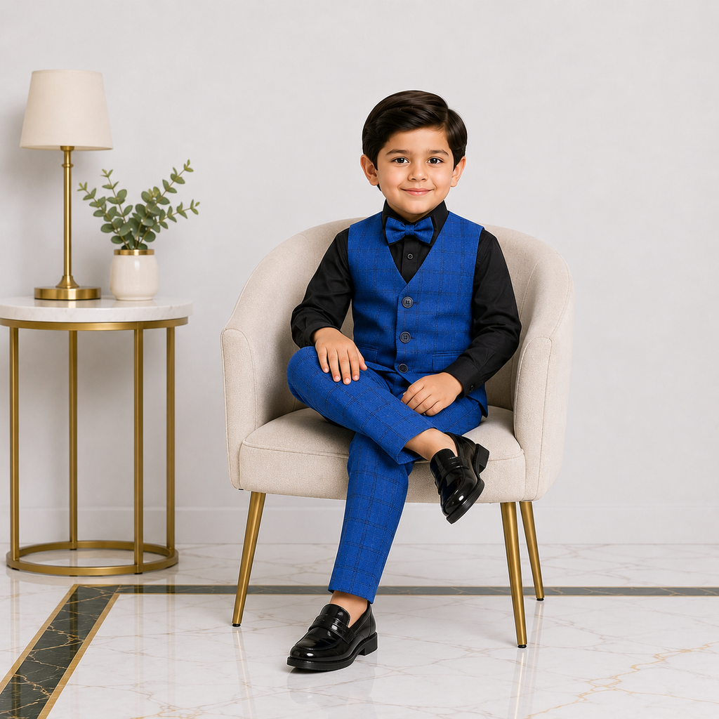 Boys 5 Piece Blue Tuxedo Suit – Check Formal Party Wear | 3–9 Years