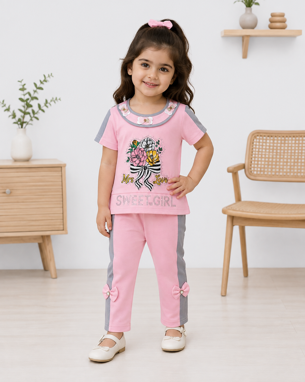 Girls 2-Piece Cotton Summer Suit | Printed T-Shirt & Trouser Set
