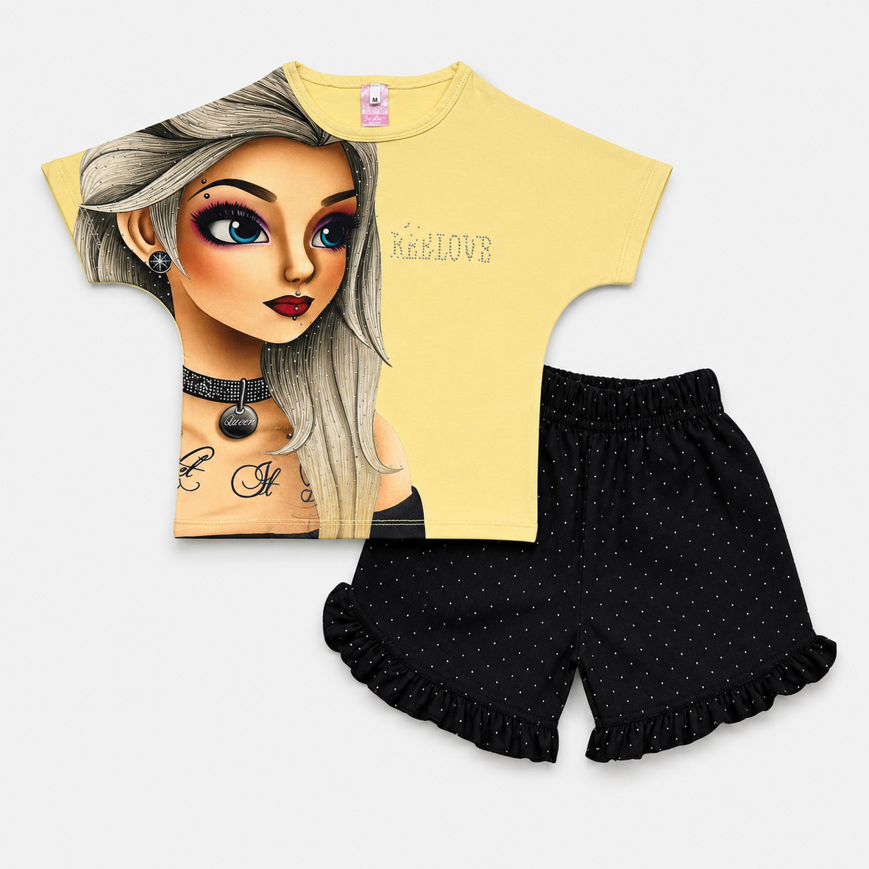 Girls Imported Jersey Graphic Short Suit – Yellow Black | Lamtar Kids