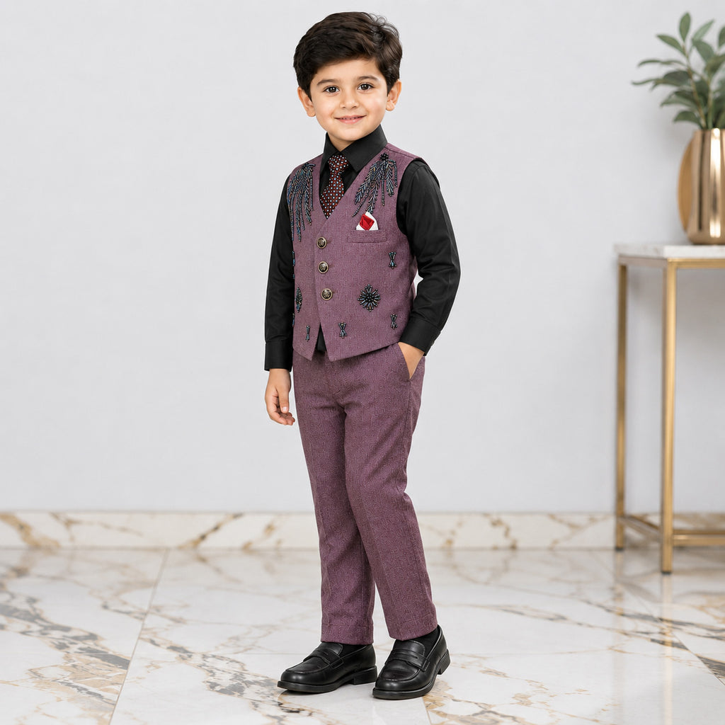 Boys 4 Piece Formal Suit – Mauve Waistcoat & Trouser with Black Shirt