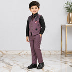 Boys 4 Piece Formal Suit – Mauve Waistcoat & Trouser with Black Shirt
