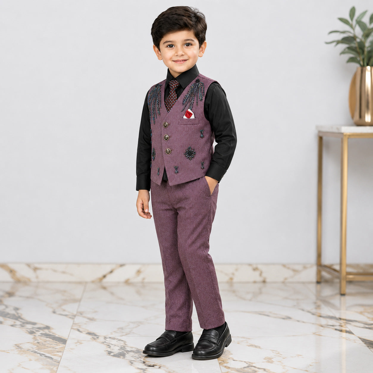 Boys 4 Piece Formal Suit – Mauve Waistcoat & Trouser with Black Shirt