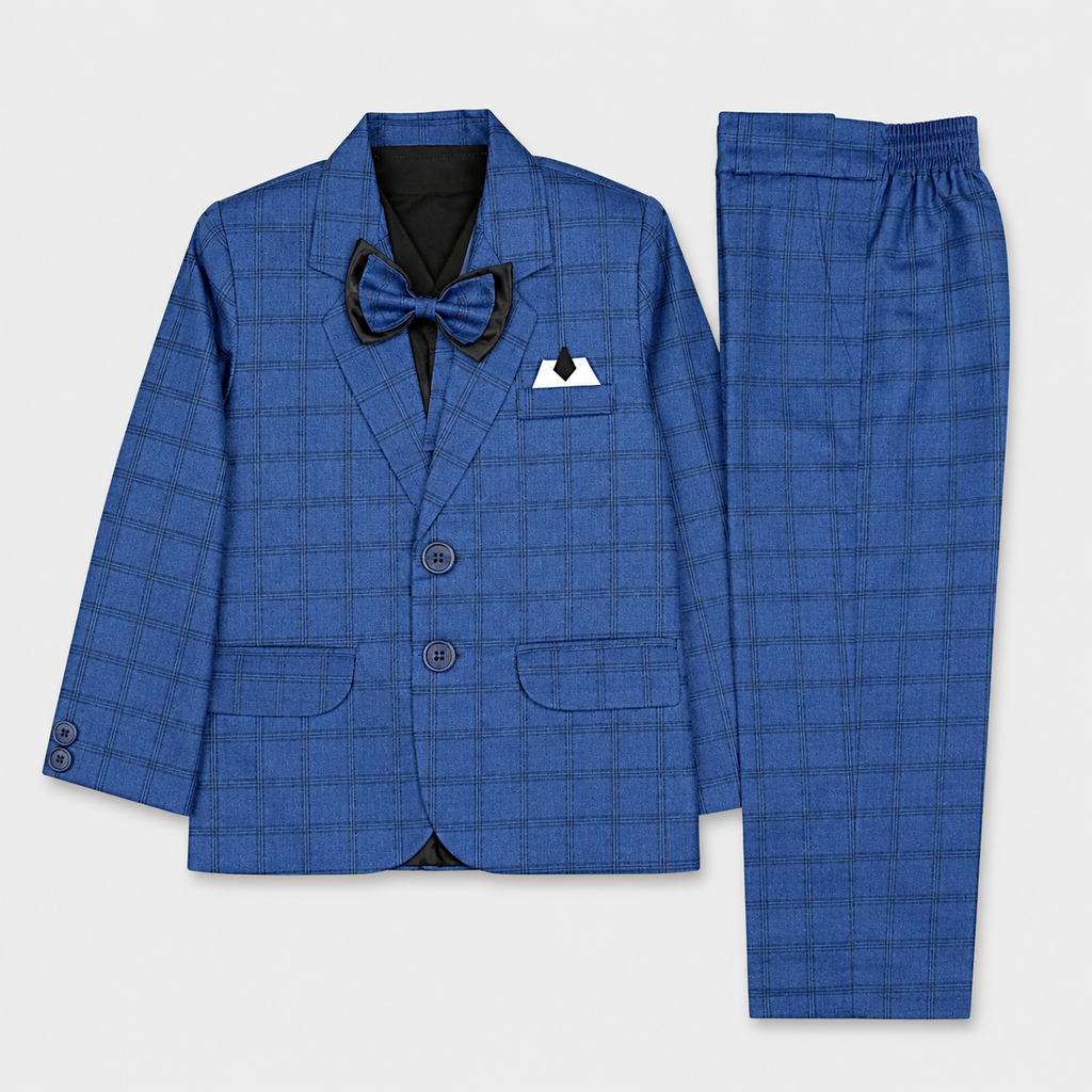 Boys 5 Piece Blue Tuxedo Suit – Check Formal Party Wear | 3–9 Years