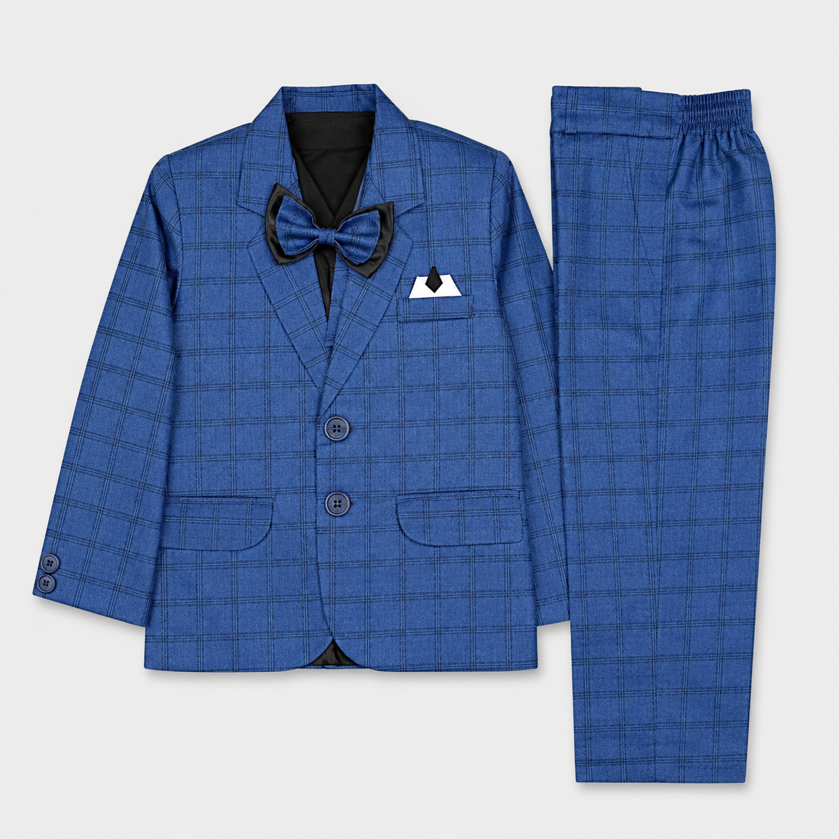 Boys 5 Piece Blue Tuxedo Suit – Check Formal Party Wear | 3–9 Years