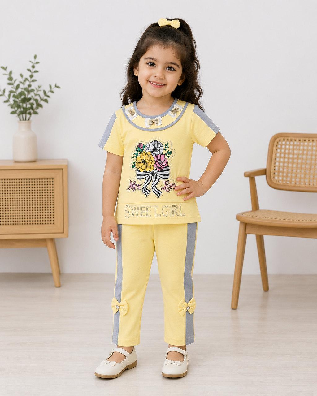 Girls 2-Piece Cotton Summer Suit | Printed T-Shirt & Trouser Set