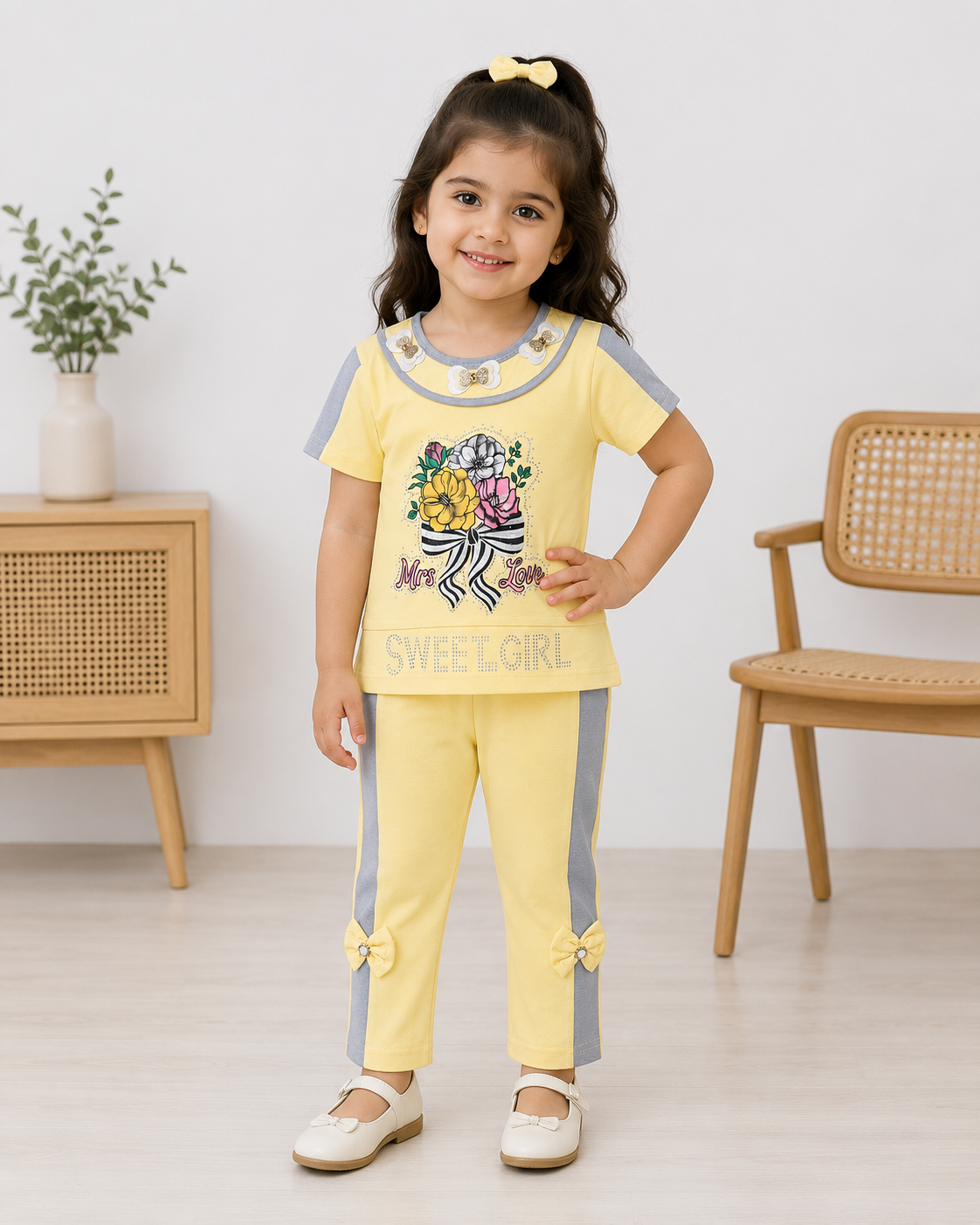 Girls 2-Piece Cotton Summer Suit | Printed T-Shirt & Trouser Set