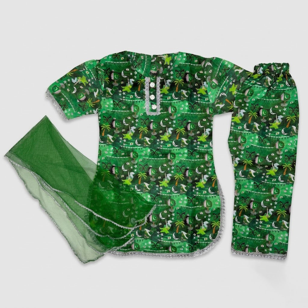 14 August Special: Baby Girl 3-Piece Azadi Suit (Cotton Kurti, Trouser & Dupatta)