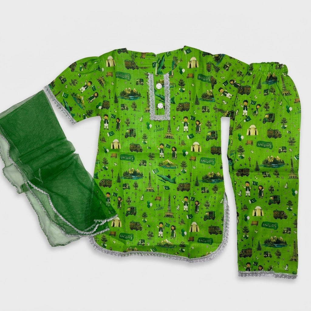 14 August Special: Baby Girl 3-Piece Cotton Azadi Suit (Printed Kurti, Trouser & Dupatta)